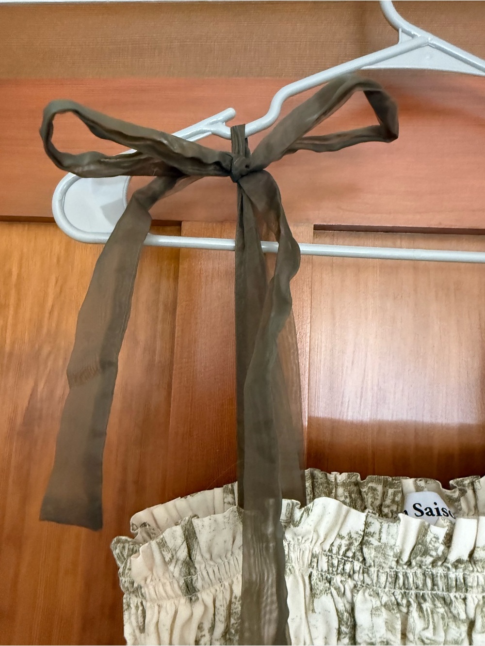 En Saison Nordstrom Cream Sundress with Olive Toile Print and Brown Tie Strap - Picture 4 of 7